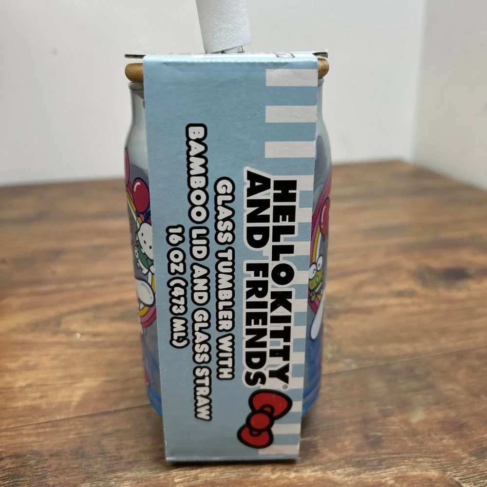 Sanrio Hello Kitty & Friends Glass Tumbler Lid‎ Straw Blue Glass Bamboo Lid 2024